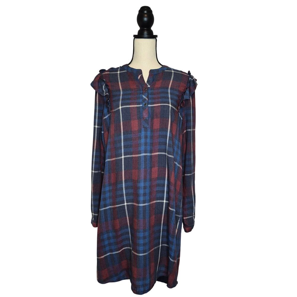 Cloth & Stone Anthropologie Plaid Ruffle Henley Long Sleeve Tunic Shirt Dress M